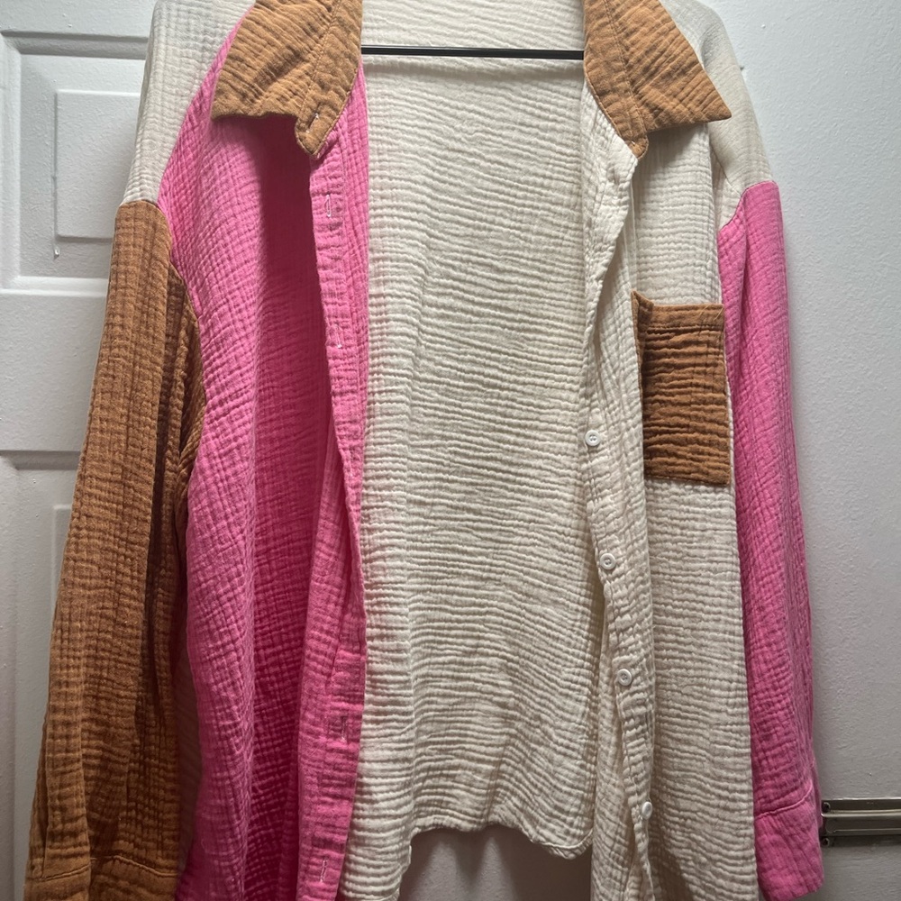 Colorblock Button-Up Shirt in Pink, White, and Brown